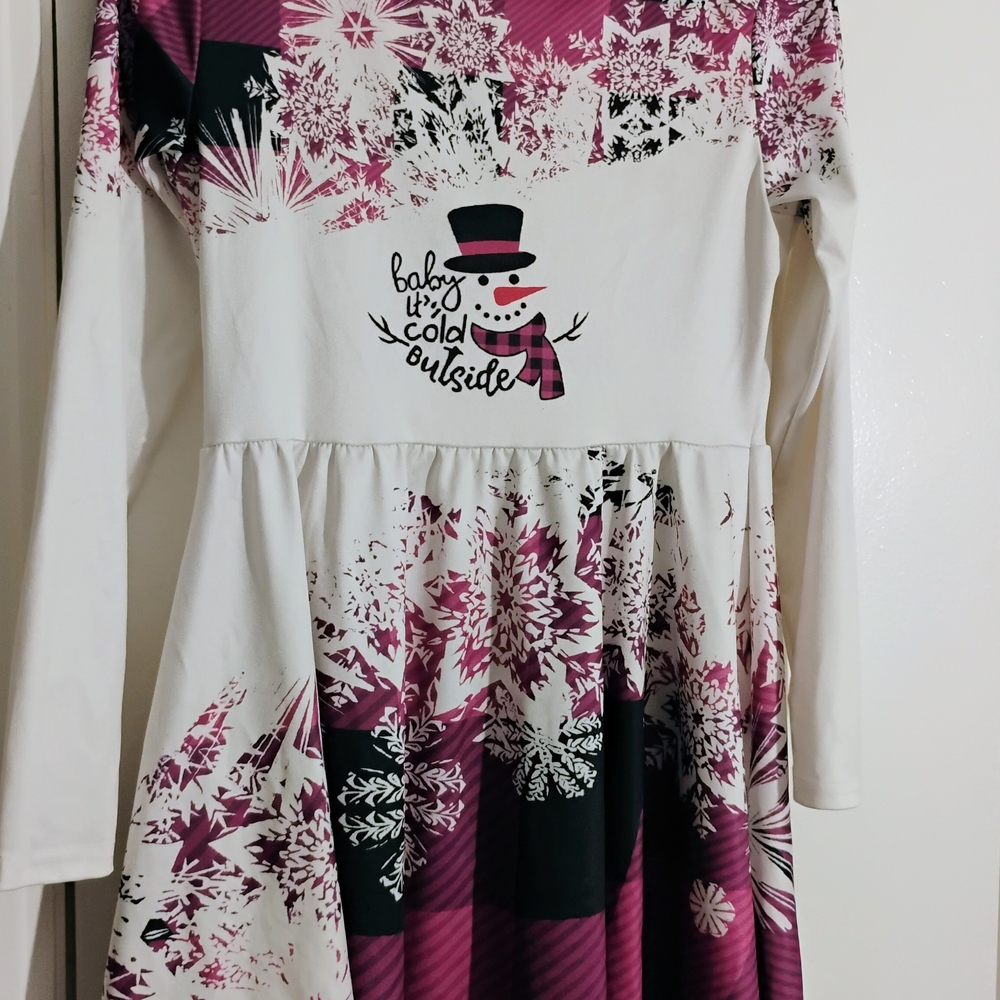 Girls' Cream and Plum Snowman Print Casual Dress